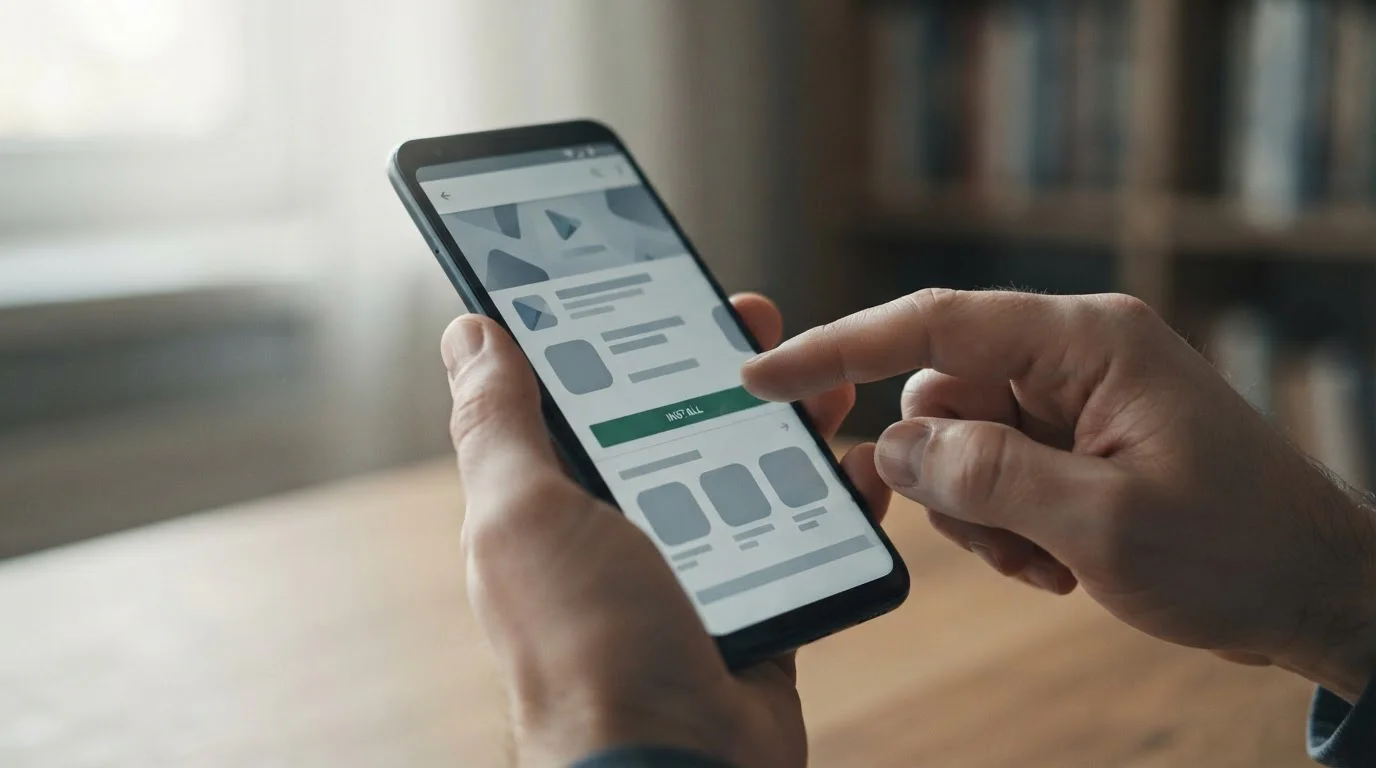 Smartphone-Bildschirm zeigt Google Play Store Interface mit Download-Vorgang