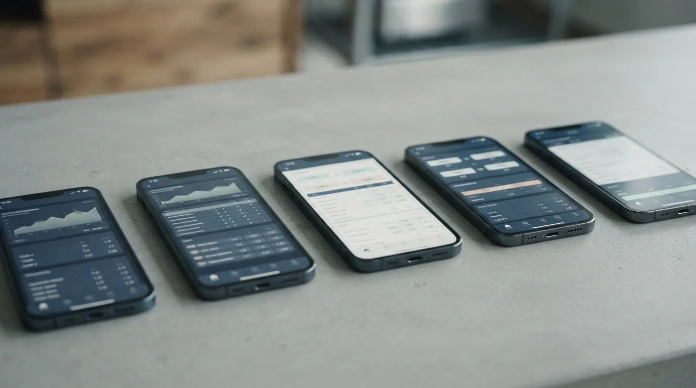 Mehrere Smartphones nebeneinander mit verschiedenen App-Oberflächen im Vergleich