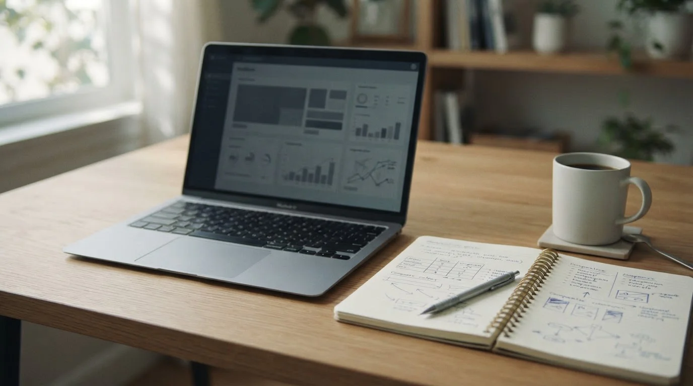 Arbeitsplatz mit Laptop und Notizen zur Analyse deutscher Sportwetten-Anbieter