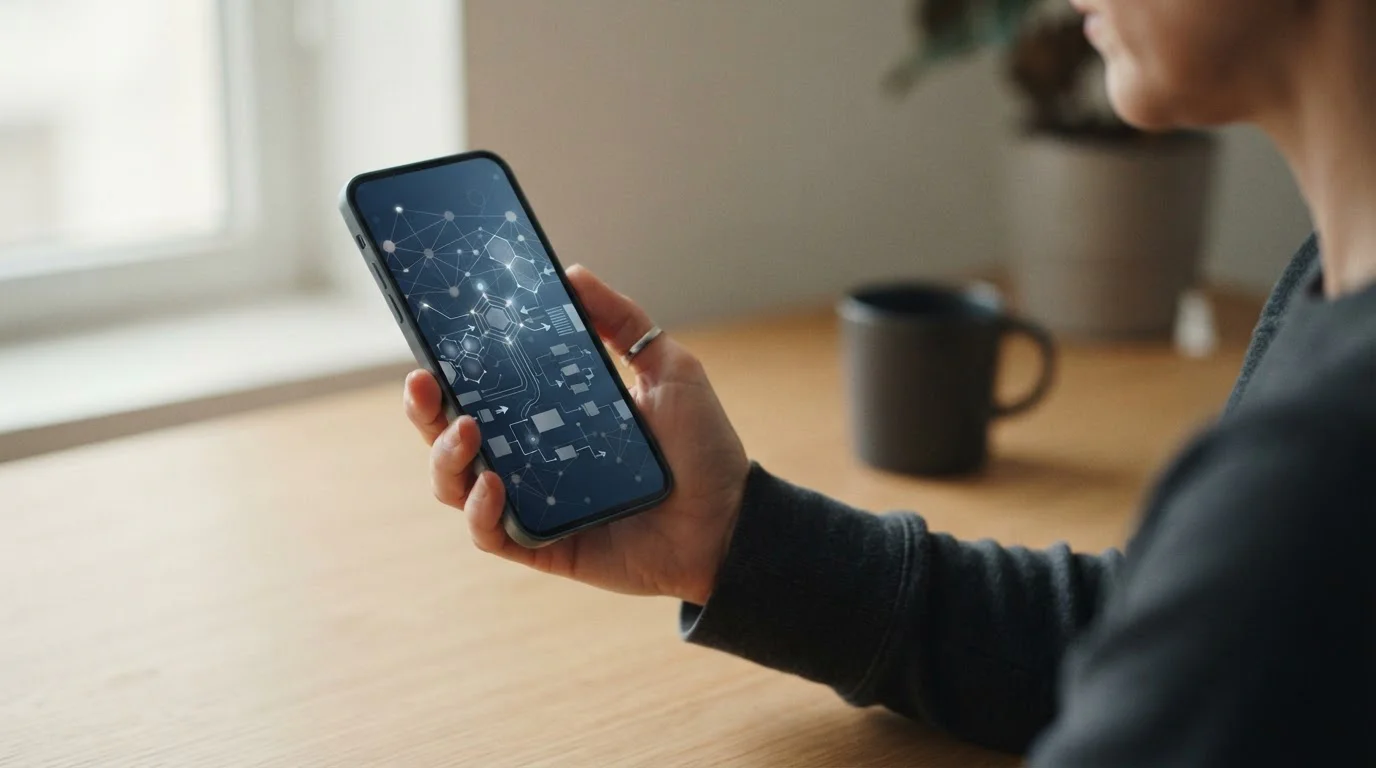 Smartphone mit Bitcoin-Transaktionsbildschirm und abstraktem Netzwerk