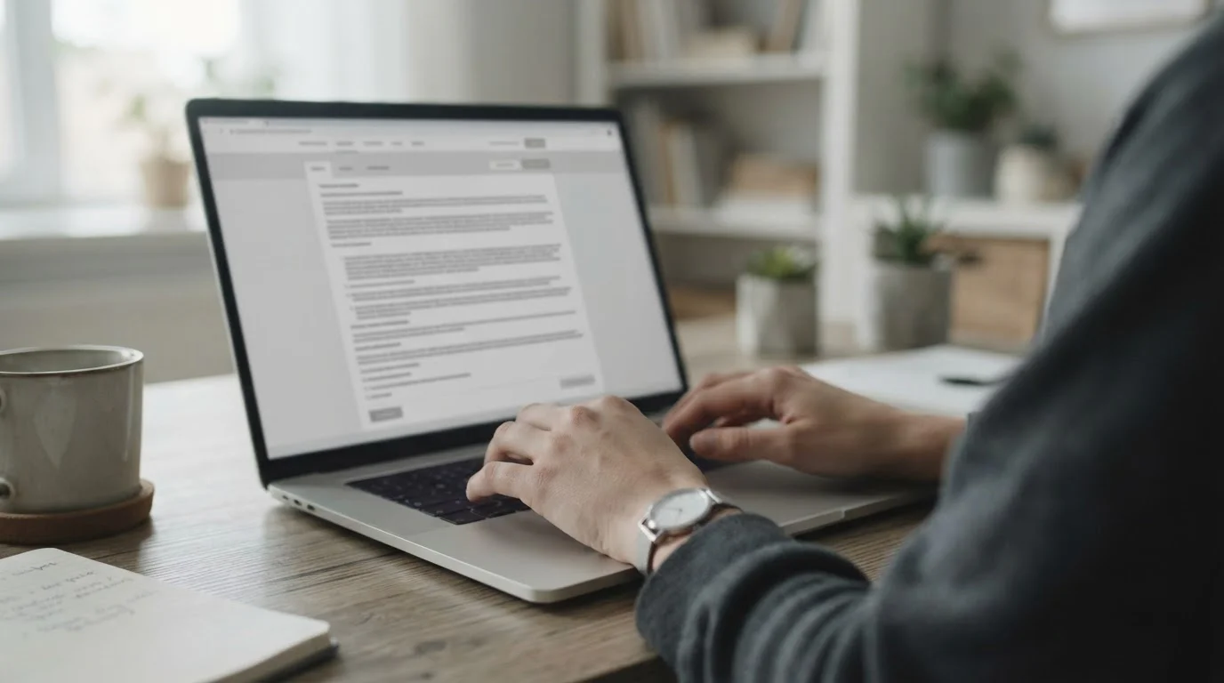 Nahaufnahme von Händen an Laptop-Tastatur beim Lesen von Bonusbedingungen im abstrakten Interface