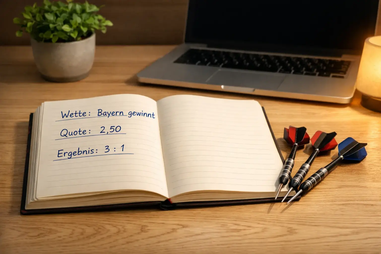 Notizbuch mit handschriftlichen Darts-Wetten-Notizen neben einem Laptop und Dartpfeilen