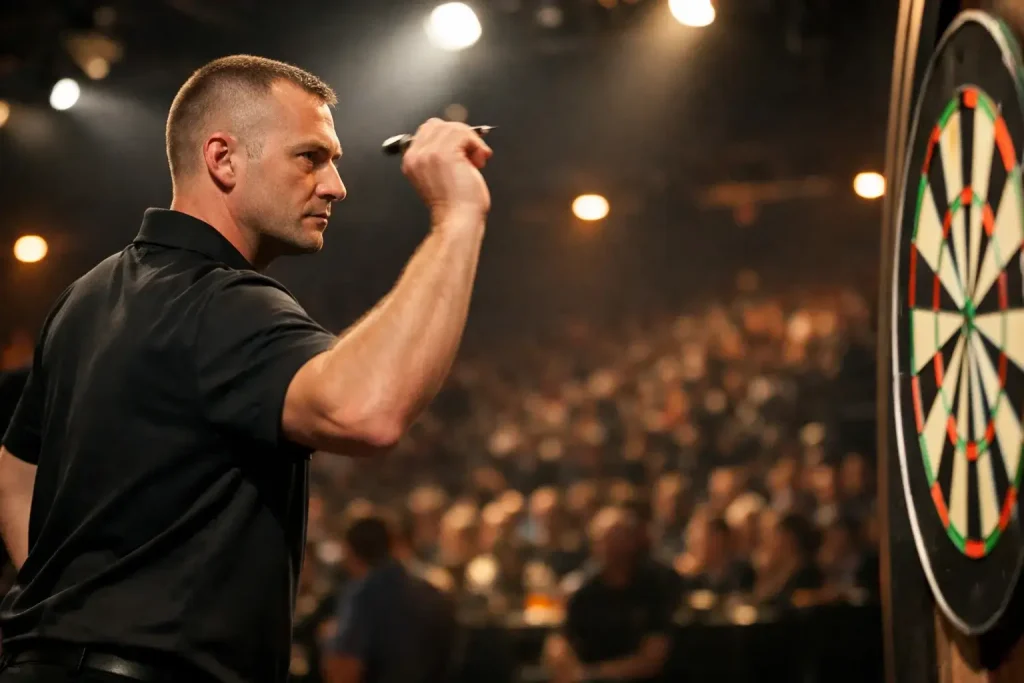 Dartsspieler wirft einen Pfeil auf der beleuchteten Bühne vor einem großen Publikum