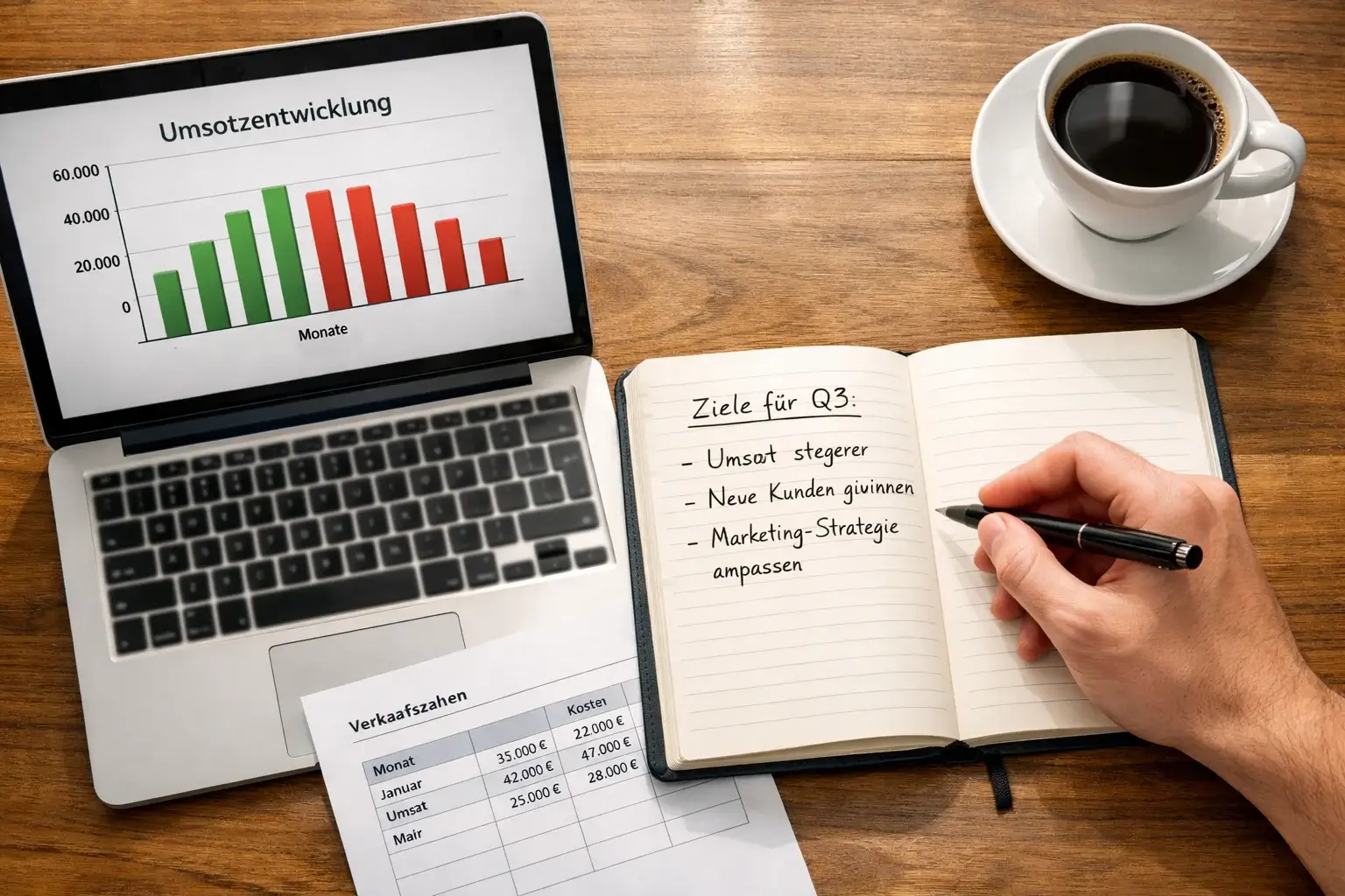 Person analysiert Darts-Statistiken am Laptop mit Notizblock und Stift daneben