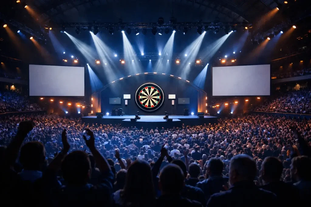 Blick auf die Bühne im Alexandra Palace während der Darts-Weltmeisterschaft mit jubelndem Publikum