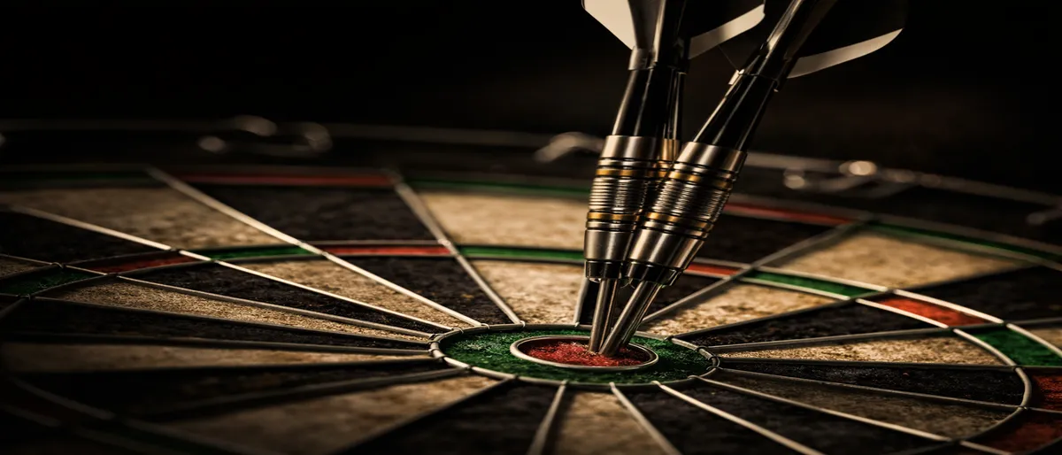 Drei Darts stecken im Bullseye einer Dartscheibe unter dramatischer Beleuchtung