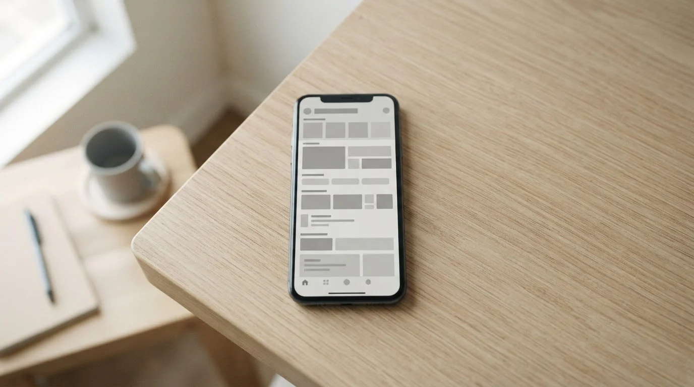 Smartphone mit neutraler Wett-App-Oberfläche auf minimalem Schreibtisch