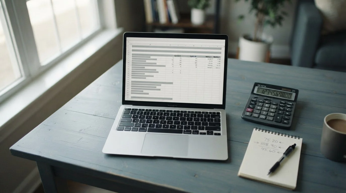 Vergleichstabelle auf Laptop-Bildschirm mit Taschenrechner und Notizen zur Analyse von Wettanbieter-Mindesteinzahlungen