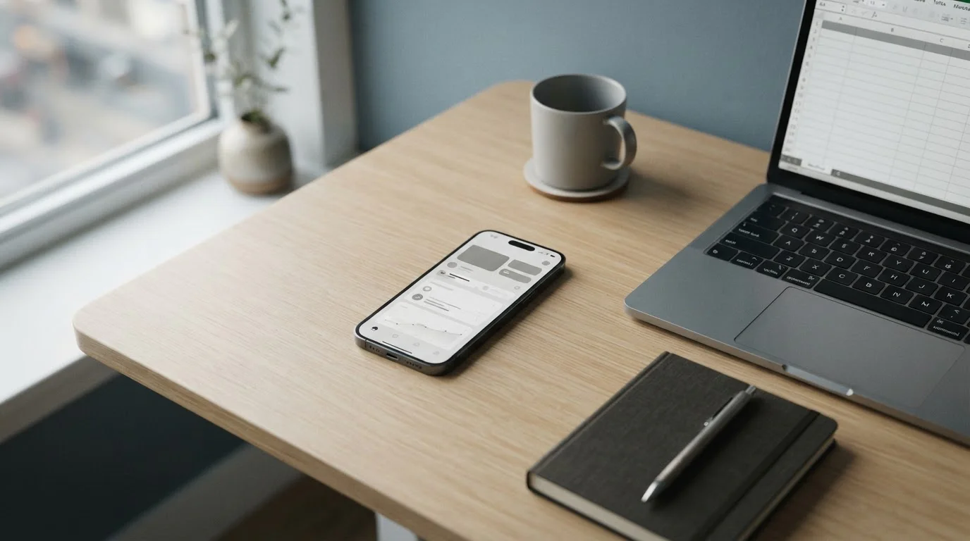Smartphone mit digitaler Zahlungs-App neben Laptop auf neutralem Schreibtisch