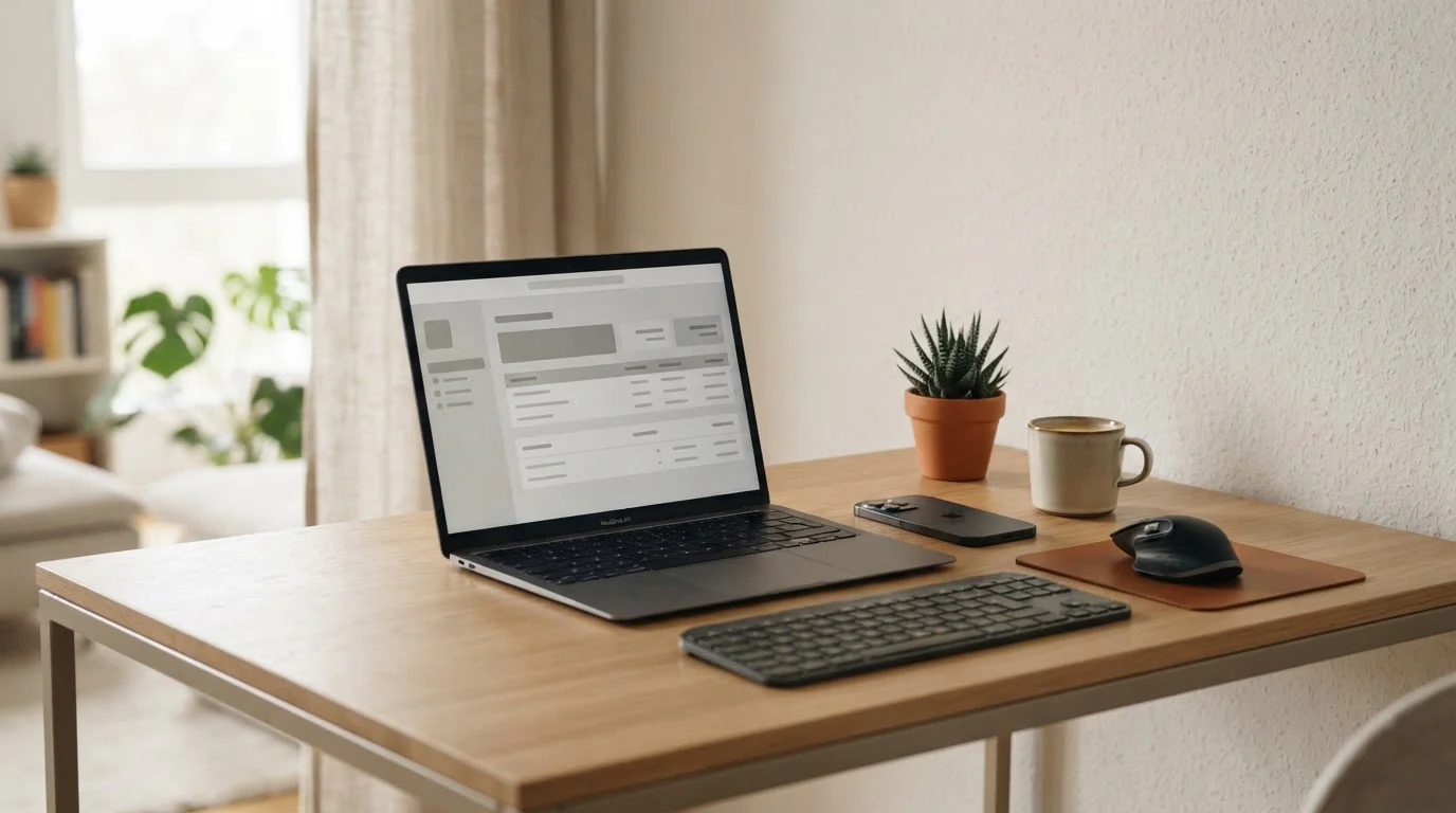 Laptop mit Online-Banking-Interface und Smartphone auf Schreibtisch für Trustly-Zahlungen bei Wettanbietern