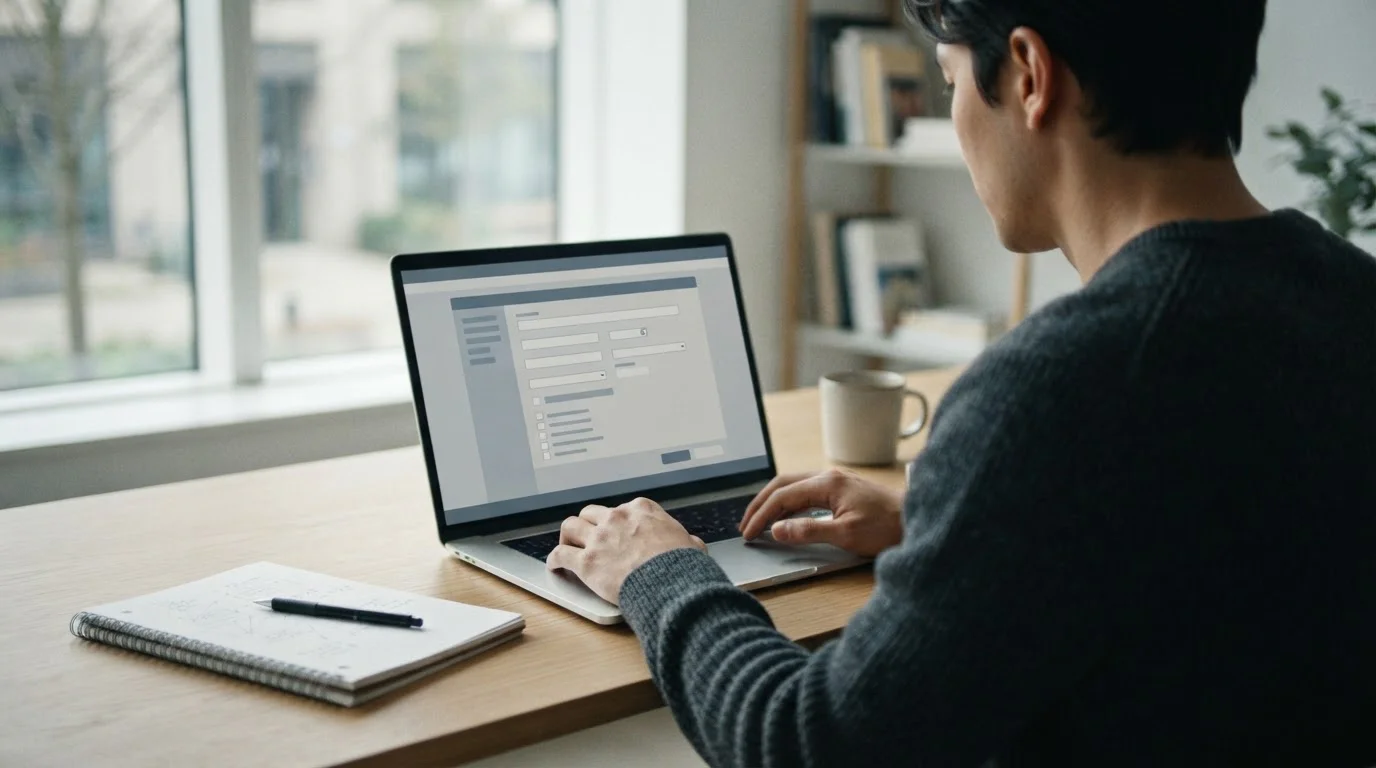 Person analysiert Wettanbieter-Registrierungsprozesse am Laptop in ruhiger Arbeitsumgebung