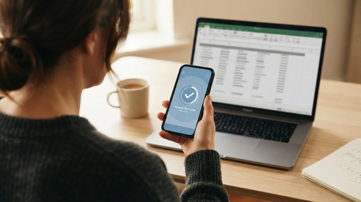 Hand bedient Smartphone mit Zahlungsvorgang, Laptop mit Transaktionsübersicht im Hintergrund