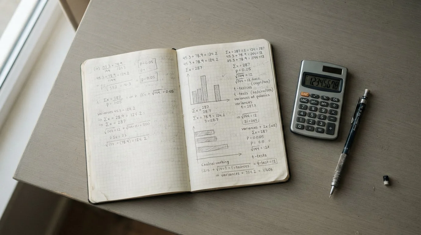 Handgeschriebene Berechnungen in Notizbuch mit Taschenrechner zur Analyse langfristiger Wettkosten