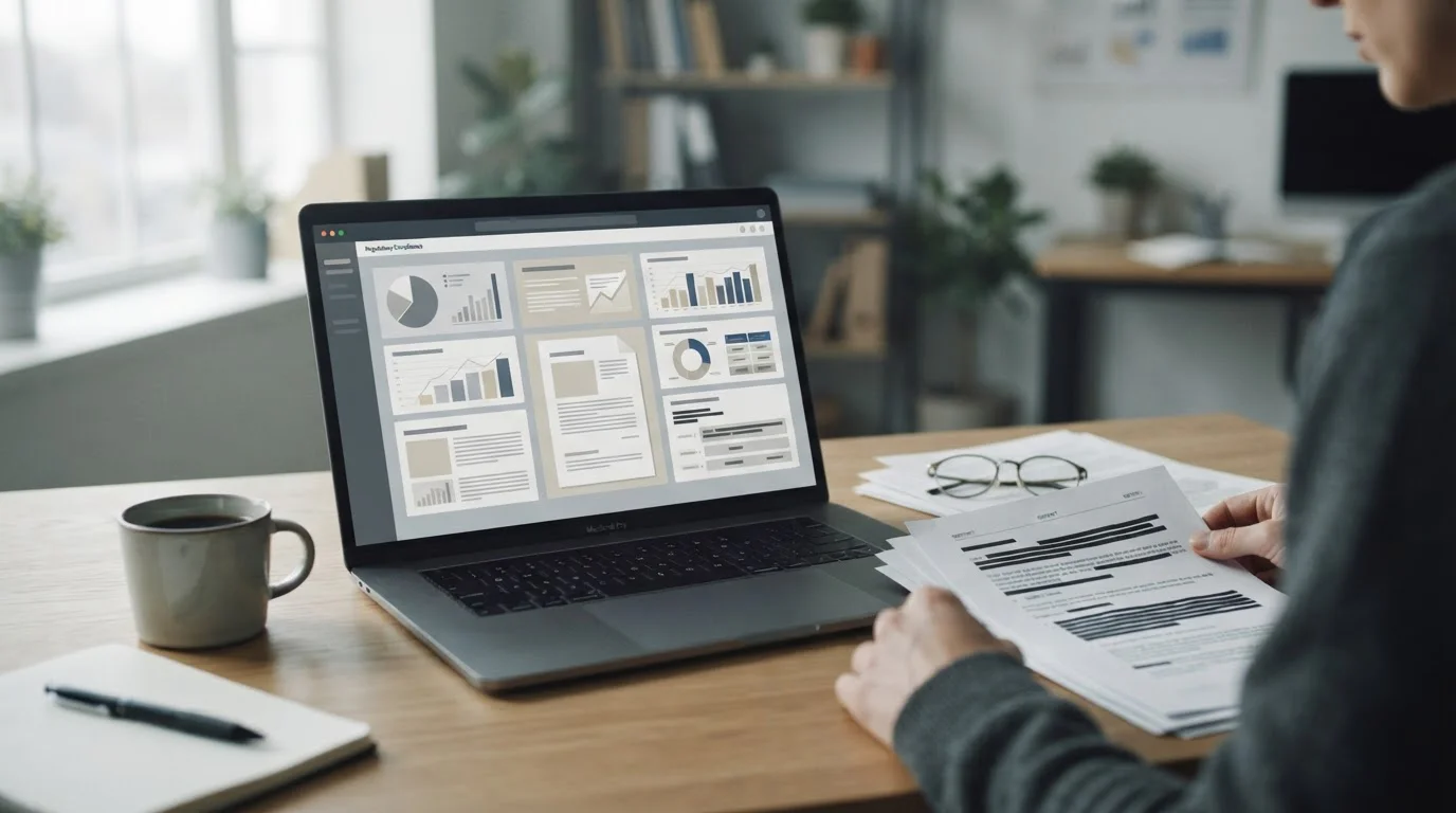 Regulatorische Dokumente und Laptop mit Lizenzinformationen