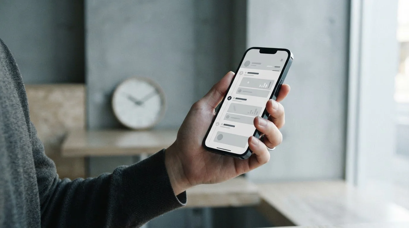 Smartphone in der Hand zeigt Sport-App, Uhr im Hintergrund symbolisiert Geschwindigkeit