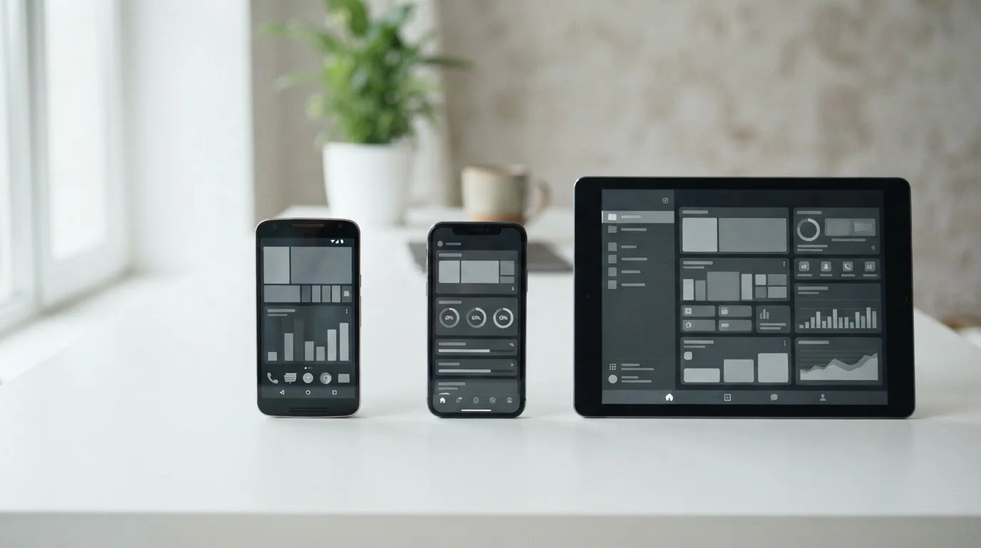 Android-Smartphone, iPhone und iPad nebeneinander auf neutralem Hintergrund