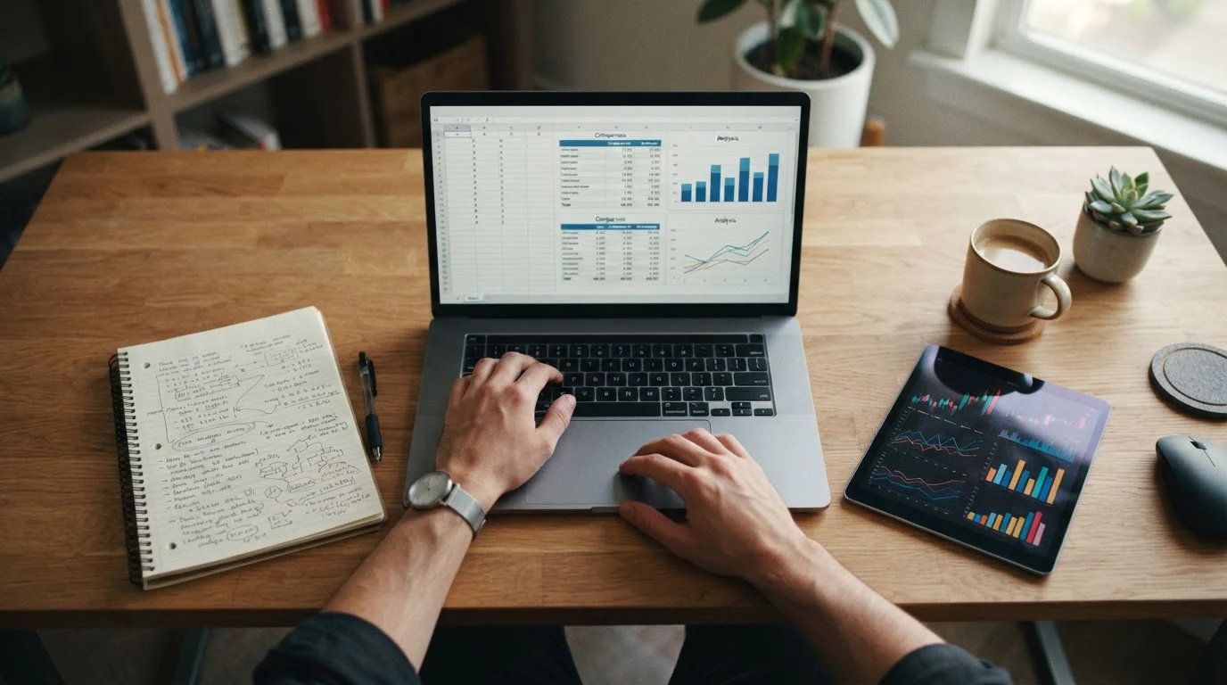 Vergleichsanalyse von Sportwettenanbietern auf Laptop mit Notizen