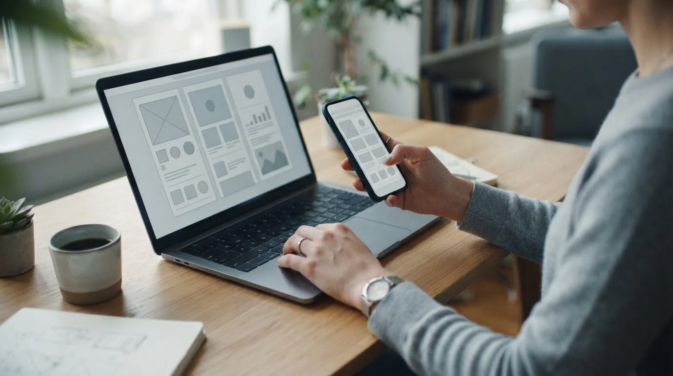 Person tippt auf Smartphone mit Banking-App während Laptop neutrales Zahlungs-Interface zeigt