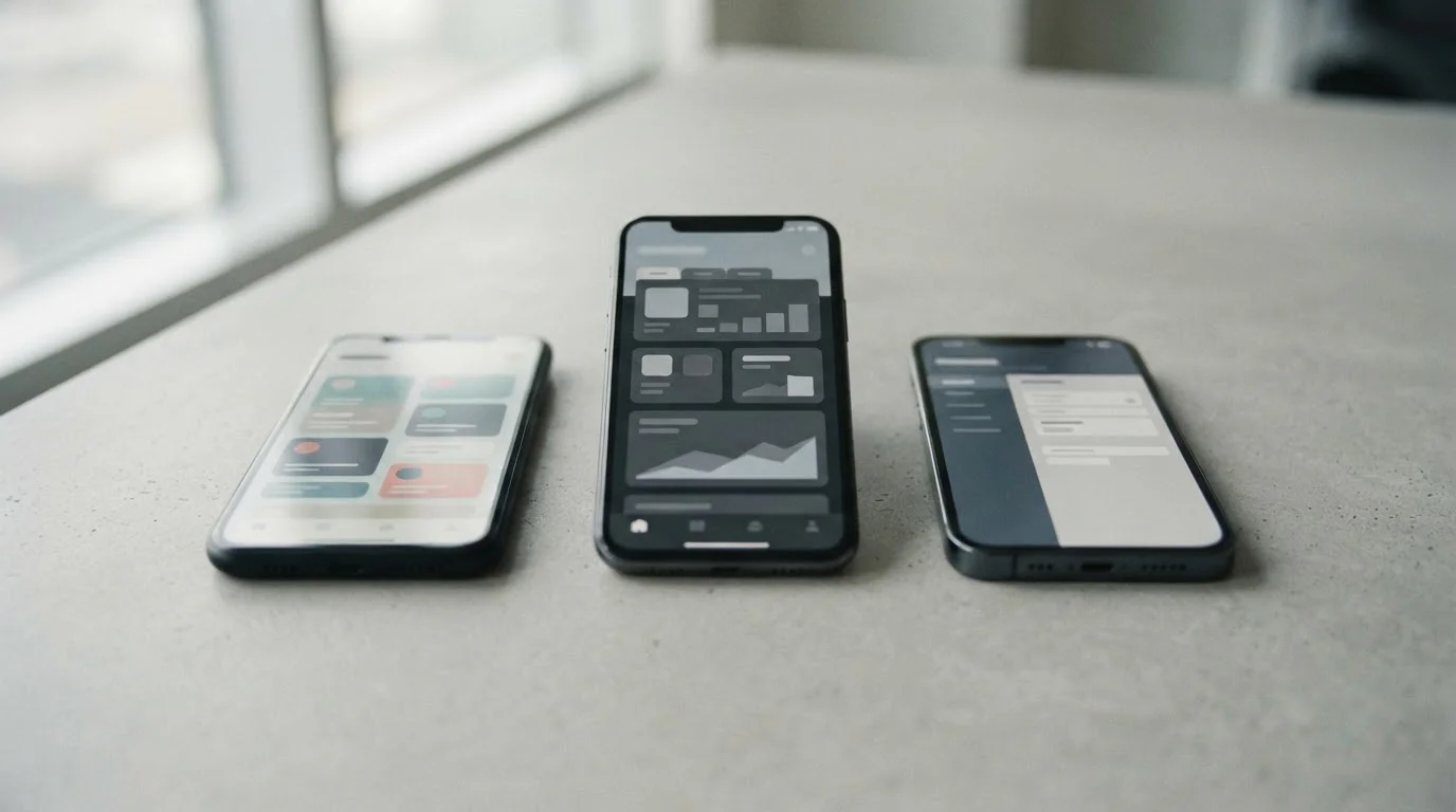 Vergleichende Ansicht mehrerer Smartphone-Screens mit App-Oberflächen