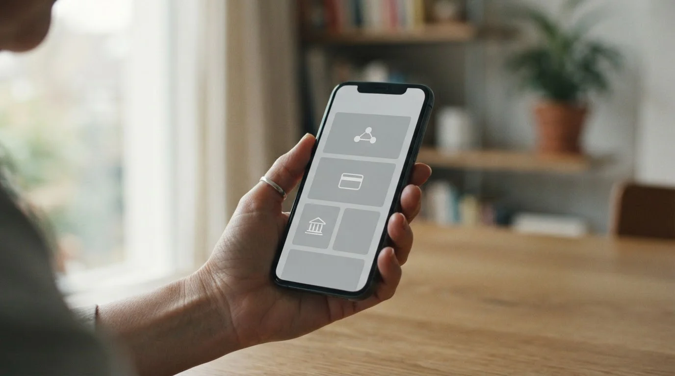 Smartphone in der Hand mit abstrakter Zahlungsmethoden-Auswahl auf dem Bildschirm