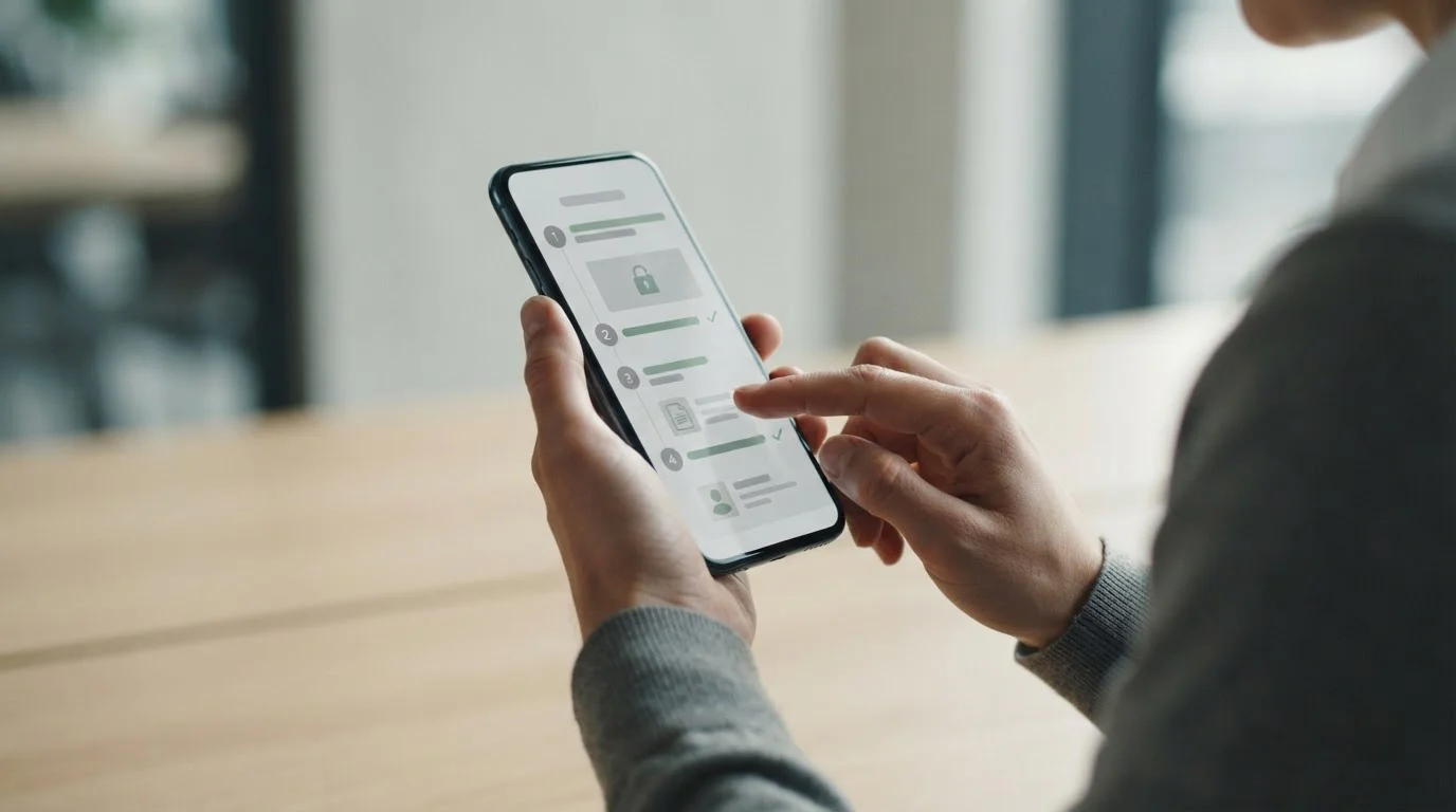 Hände bedienen Smartphone mit abstraktem Zahlungsinterface in mehreren Schritten